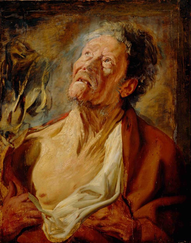 Job,Jacob Jordaens,제이콥 조르다언스,오일 페인팅,오일 페인팅, 남성 집중, 1남, 현실적인, 독주, 얼굴 털, 미술 패러디, 흑발, 셔츠, 상체, 젖꼭지, 수염, 흰 셔츠, 찾고