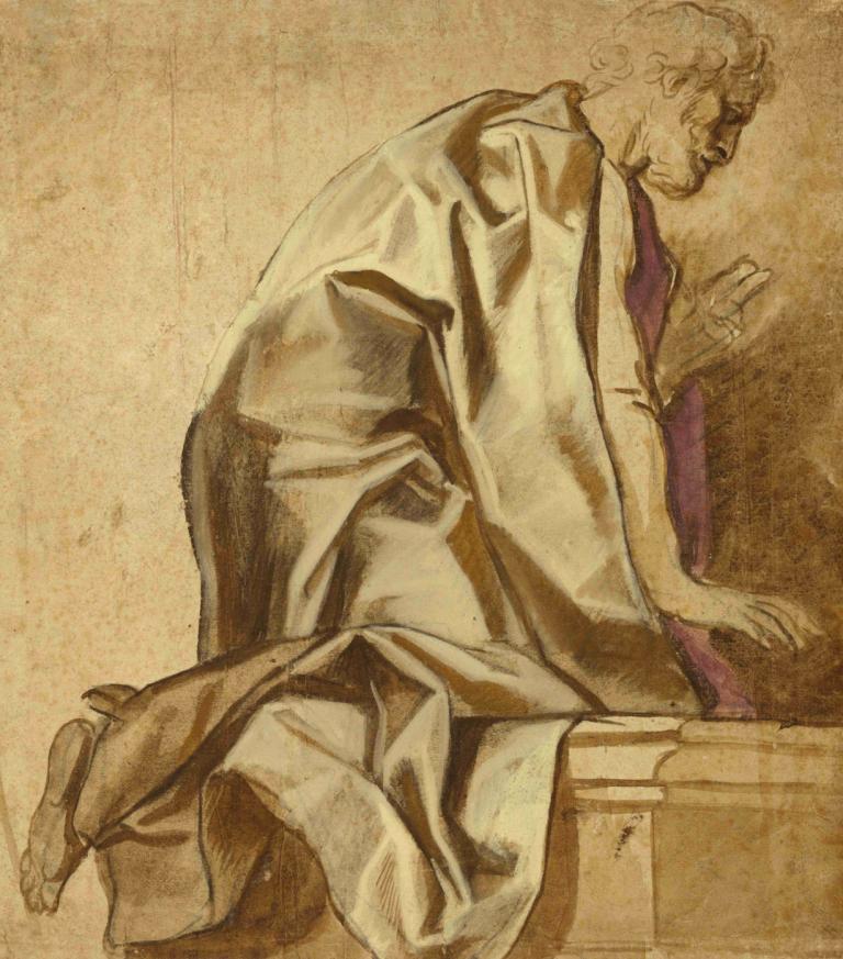 Man Kneeling, Facing Right,Jacob Jordaens,Color Sketch,Color Sketch, old, male focus, 1boy, solo, old man