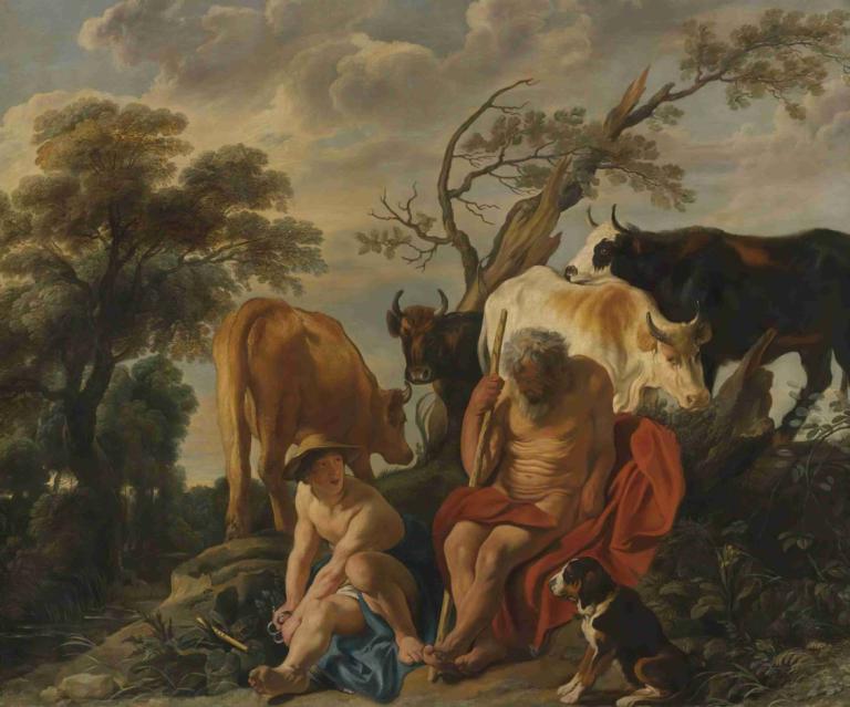 Mercury And Argus,水星和阿古斯,Jacob Jordaens,雅各布·喬丹,油畫,油畫, 美術模仿, 樹, 男性焦點, 戶外, 假傳統媒體, 肌肉發達的, 1男孩, 雲, 動物, 坐著, 肌肉男