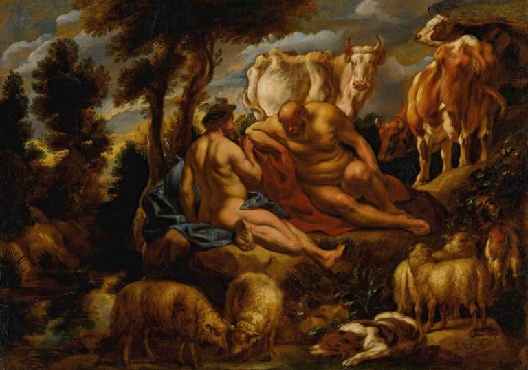 Mercury playing Argus to sleep with his flute, with Io transformed into a white heifer