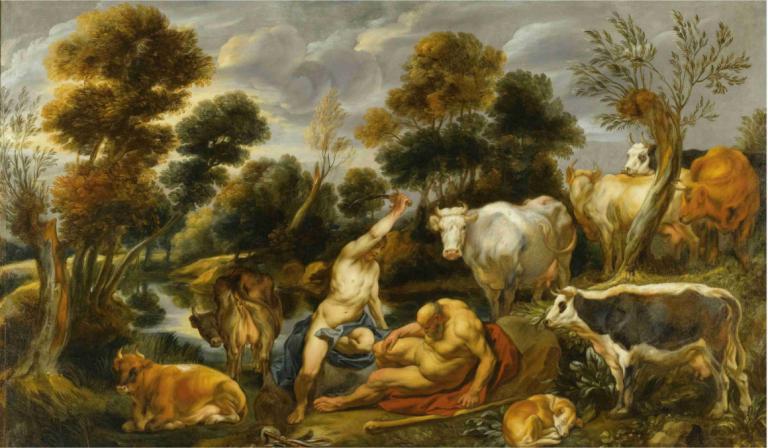 Mercury, Argus and Io,Jacob Jordaens,Oil Painting,Oil Painting, fine art parody, tree, outdoors, cloud