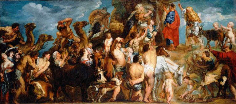 Moses Striking Water from the Rock,Mooses lyömässä vettä kalliosta,Jacob Jordaens,Öljymaalaus,Öljymaalaus