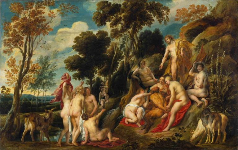 Nymphs Cutting Off Pan's Beard,팬의 수염을 자르는 님프들,Jacob Jordaens,제이콥 조르다언스,오일 페인팅,오일 페인팅, 미술 패러디, 나무, 나체상, 나귀, 옥외