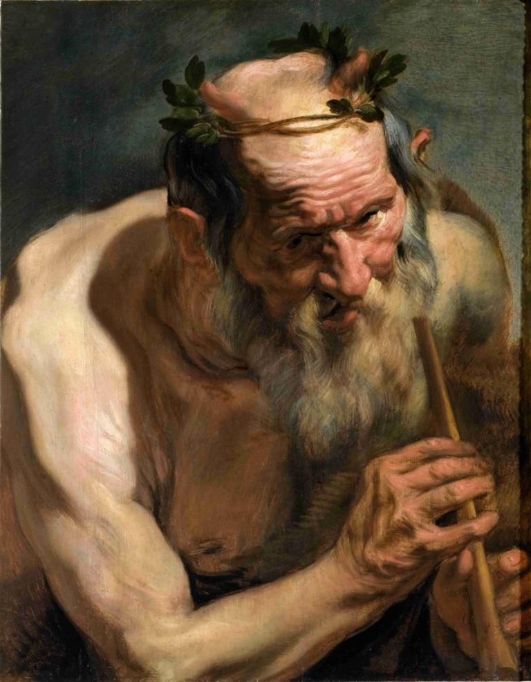 Old Satyr Holding a Flute,Gammel Satyr holder en fløyte,Jacob Jordaens,Oljemaleri,Oljemaleri, 1 gutt