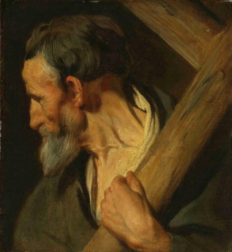 St. Andrew,Jacob Jordaens,Oljemaleri,Oljemaleri, 1 gutt, mannlig fokus, solo, ansiktshår, skjegg, svart hår