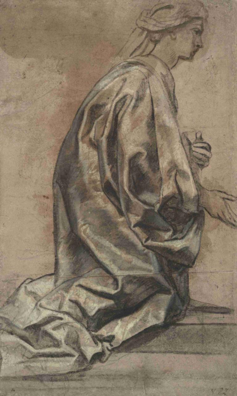 Study of drapery,커튼 연구,Jacob Jordaens,제이콥 조르다언스,컬러 스케치,컬러 스케치, 독주, 무릎을 꿇고, 옷, 프로필, 단색화, 1남, 남성 집중, 전통 미디어