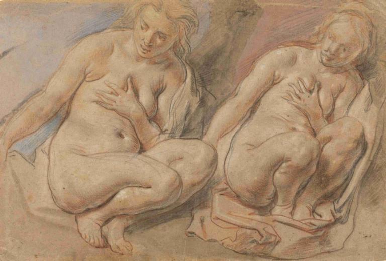 Susannah Crouching,수잔나 크라우칭,Jacob Jordaens,제이콥 조르다언스,컬러 스케치,컬러 스케치, 미술 패러디, 나체상, 여자 2명, 여러 여자, 가슴, 통통한, 지방