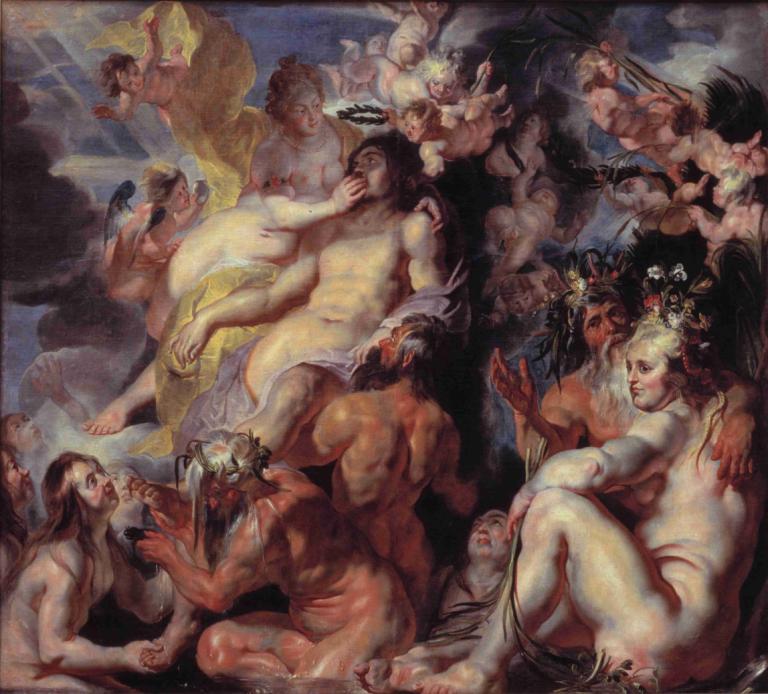 The Apotheosis of Aeneas,埃涅阿斯的神化,Jacob Jordaens,雅各布·喬丹,油畫,油畫, 美術模仿, 多個男孩, 裸體, 多個女孩, 實際的, 乳房, 肌肉發達的, 6+男孩, 鬍鬚