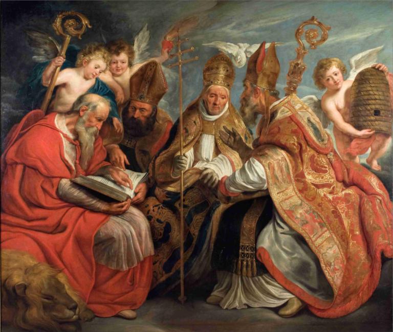 The Four Fathers of the Latin Church,라틴 교회의 네 교부,Jacob Jordaens,제이콥 조르다언스,오일 페인팅,오일 페인팅, 미술 패러디, 날개, 여러 소년, 옷