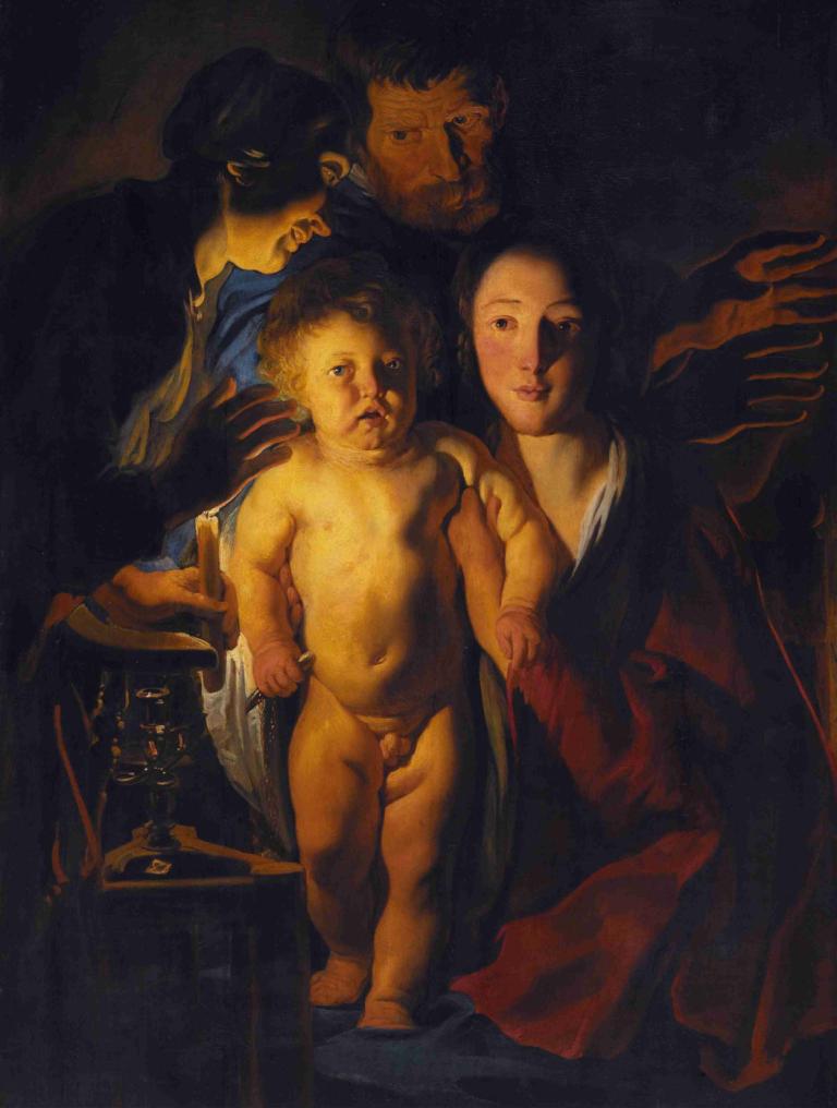 The Holy Family by Candlelight,La Sacra Famiglia a lume di candela,Jacob Jordaens,Pittura ad olio