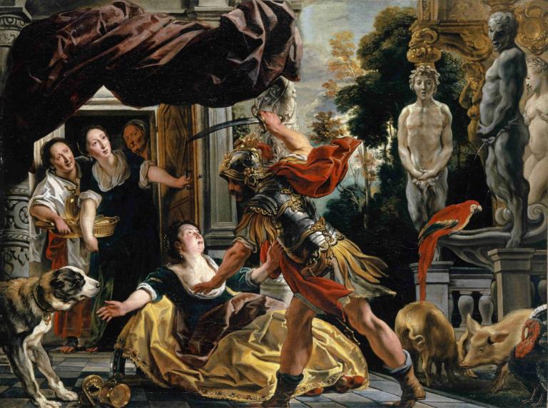 Ulysses Threatening Circe,시르체를 위협하는 율리시즈,Jacob Jordaens,제이콥 조르다언스,오일 페인팅,오일 페인팅, 미술 패러디, 풍자적 개작 시문, 갑옷, 여러 소년