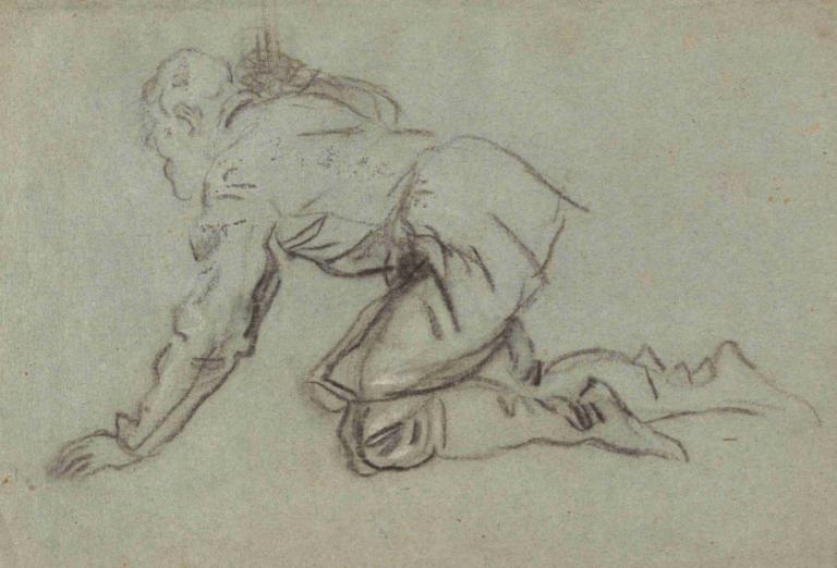 A Kneeling Man Holding a Staff (recto),Jacopo Tintoretto,Sketch,Sketch, solo, monochrome, all fours, sketch