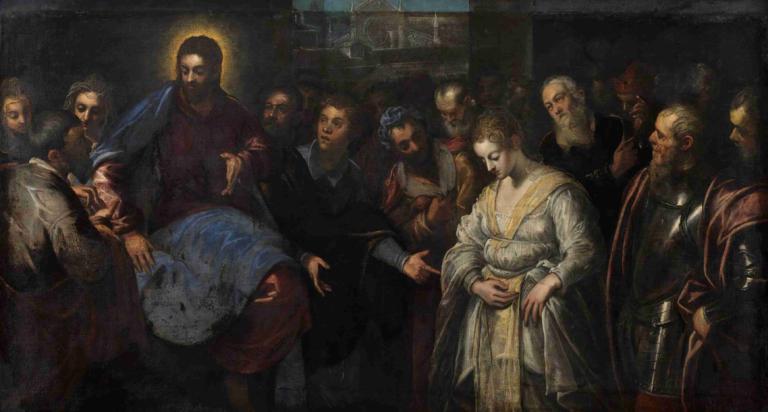 Christ and the Adulteress,Jacopo Tintoretto,Oil Painting,Oil Painting, fine art parody, multiple boys, 6+boys