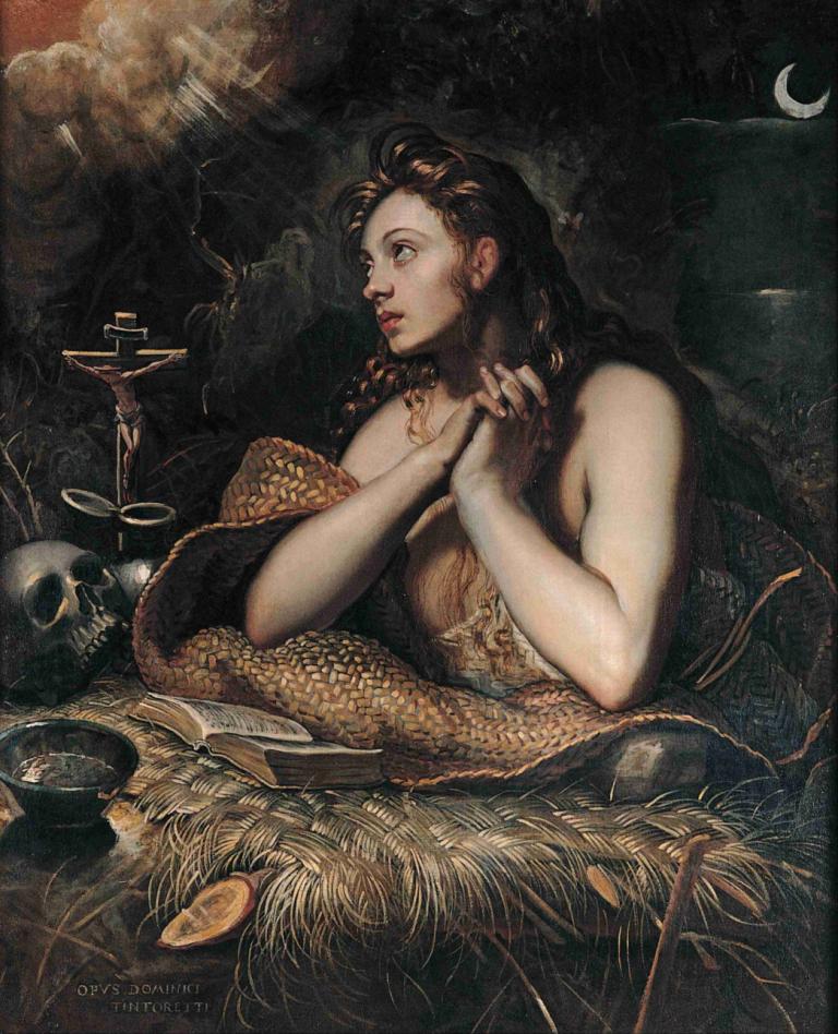 Penitent Magdalene,참회하는 막달라 마리아,Jacopo Tintoretto,자코포 틴토레토,오일 페인팅,오일 페인팅, 여자 1명, 미술 패러디, 독주, 긴 머리, 자신의 손을 함께