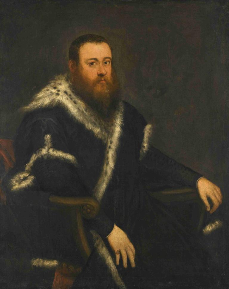 Portrait Of A Bearded Man In A Black Robe With Fur,Jacopo Tintoretto,Oil Painting,Oil Painting, male focus