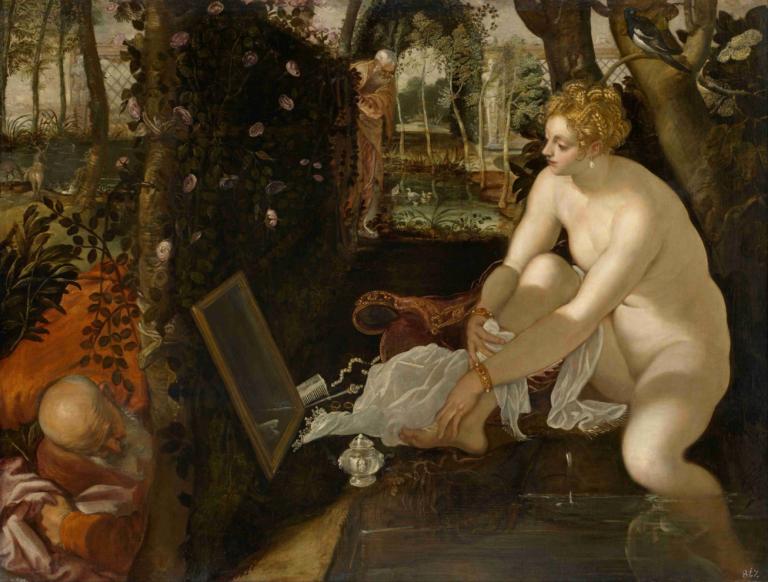 Susanna And The Elders,Jacopo Tintoretto,Oil Painting,Oil Painting, fine art parody, blonde hair, nude