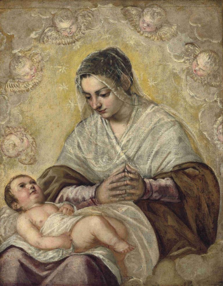 The Madonna of the Stars,별의 마돈나,Jacopo Tintoretto,자코포 틴토레토,오일 페인팅,오일 페인팅, 미술 패러디, 아기, 여러 소년, 현실적인, 흑발, 어린이