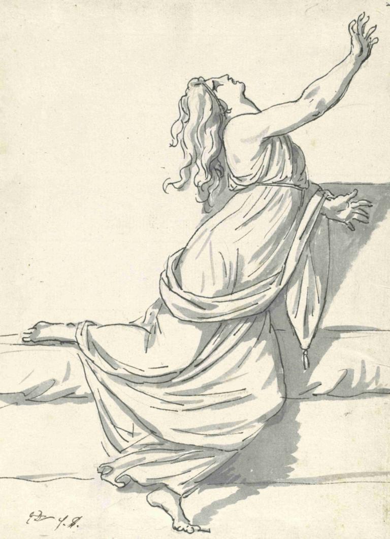 A Distraught Woman with Her Head Thrown Back,Jacques Louis David,Sketch,Sketch, monochrome, solo, barefoot