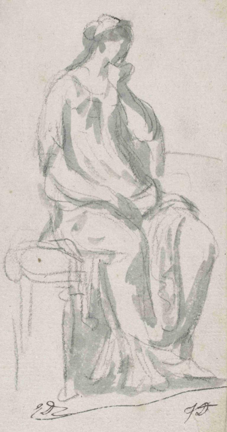 Classical Sculpture of a Pensive Woman,Jacques Louis David,Sketch,Sketch, solo, 1girl, long hair, monochrome