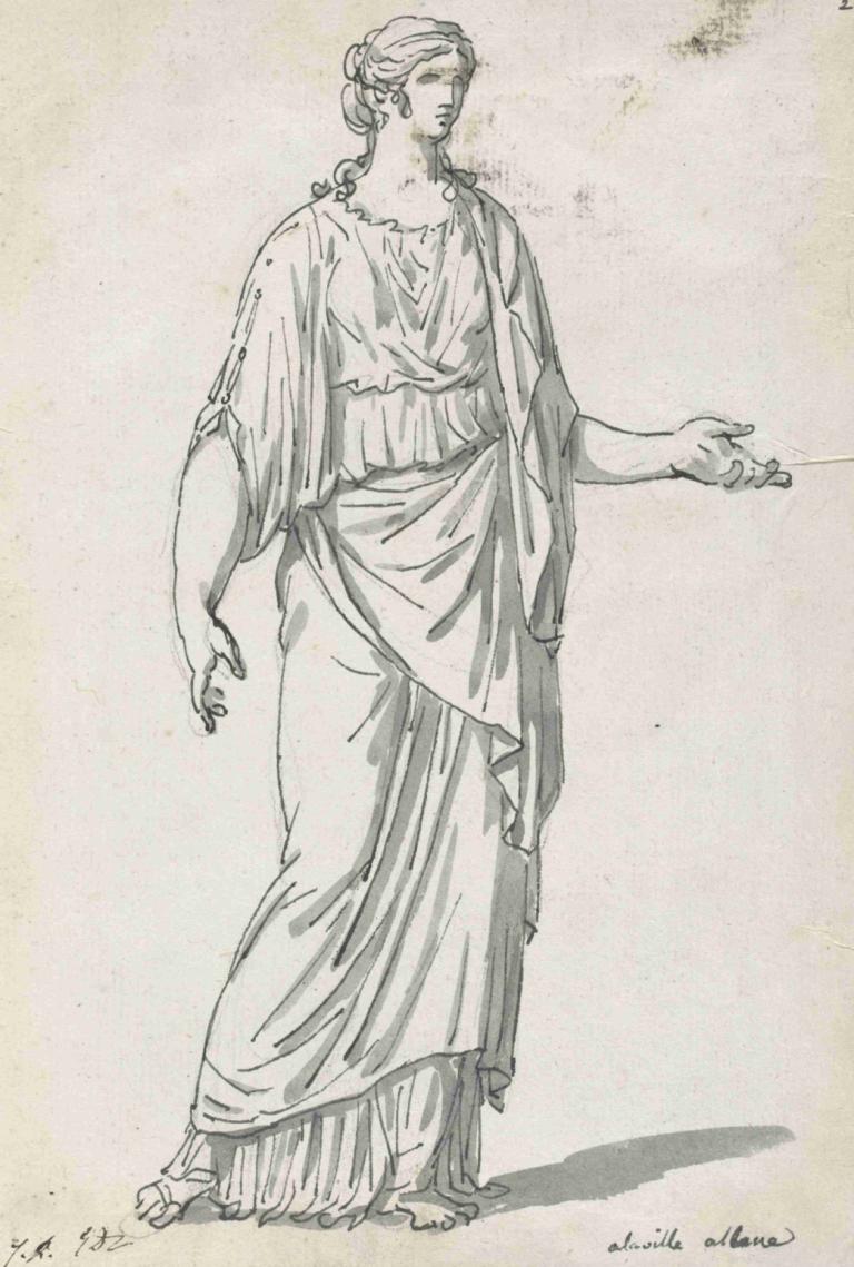 Classical Sculpture of a Woman with an Outstretched Arm,Jacques Louis David,Sketch,Sketch, solo, signature