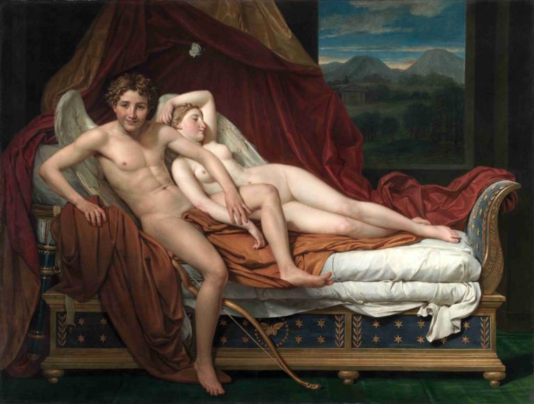 Cupid and Psyche,Jacques Louis David,Oil Painting,Oil Painting, fine art parody, nude, wings, 1boy, 1girl