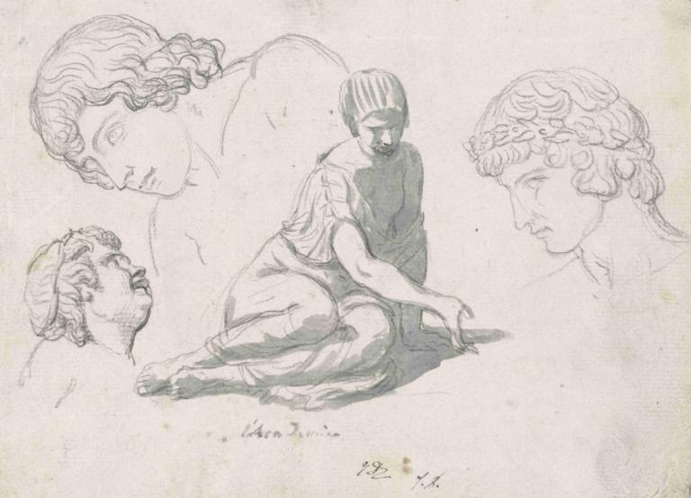 Dice-Thrower and Other Studies after Ancient Sculptures,Jacques Louis David,Sketch,Sketch, monochrome, sketch