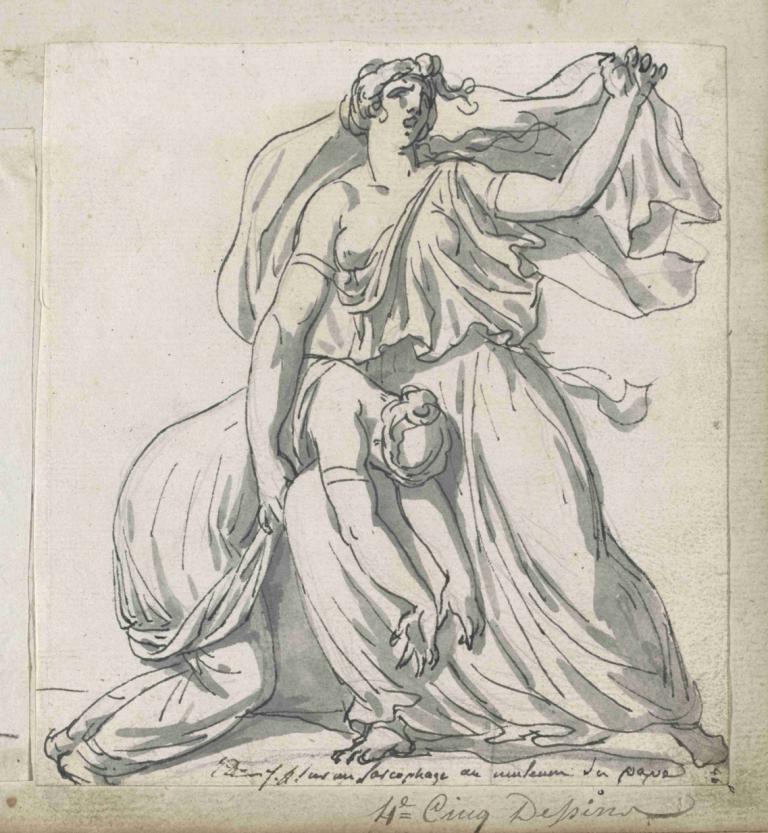 Niobe and Her Daughter,니오베와 그녀의 딸,Jacques Louis David,자크 루이 데이비드,스케치,스케치, 단색화, 여자 1명, 미술 패러디, 전통 미디어, 타우르, 베일