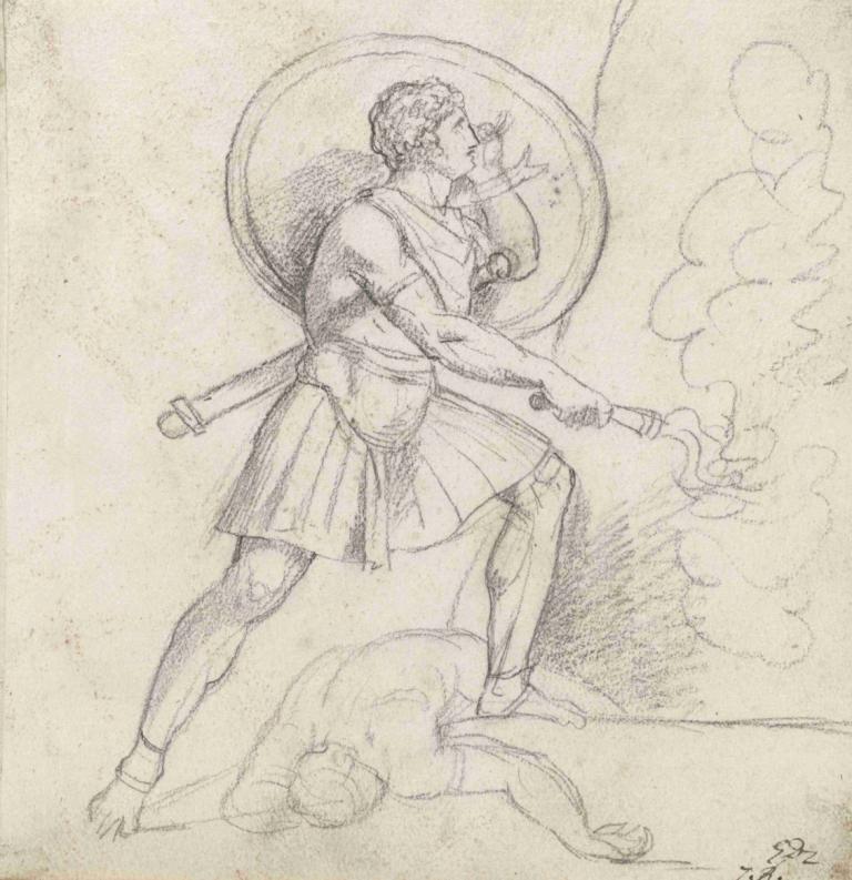 Warrior with a Shield and Torch,Krijger met schild en fakkel,Jacques Louis David,Schetsen,Schetsen