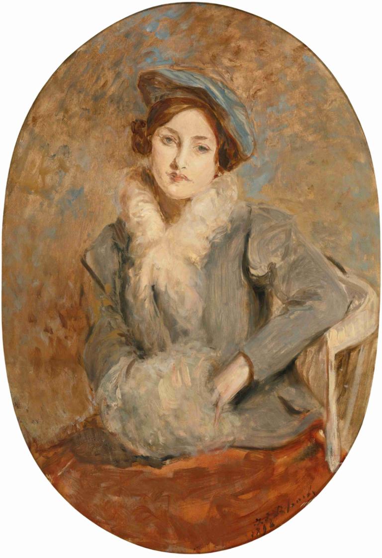 Désirée Manfred With A Muff,戴茜-曼弗雷德与马夫,Jacques-Émile Blanche,雅克-埃米尔-布朗什,油画,油画, 1个女孩, 独奏, 帽子, 棕色的头发, 椅子, 坐着