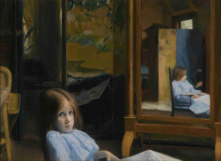 Fillette (Lucie Esnault Au Psyché),Jacques-Émile Blanche,Oil Painting,Oil Painting, 1girl, brown hair