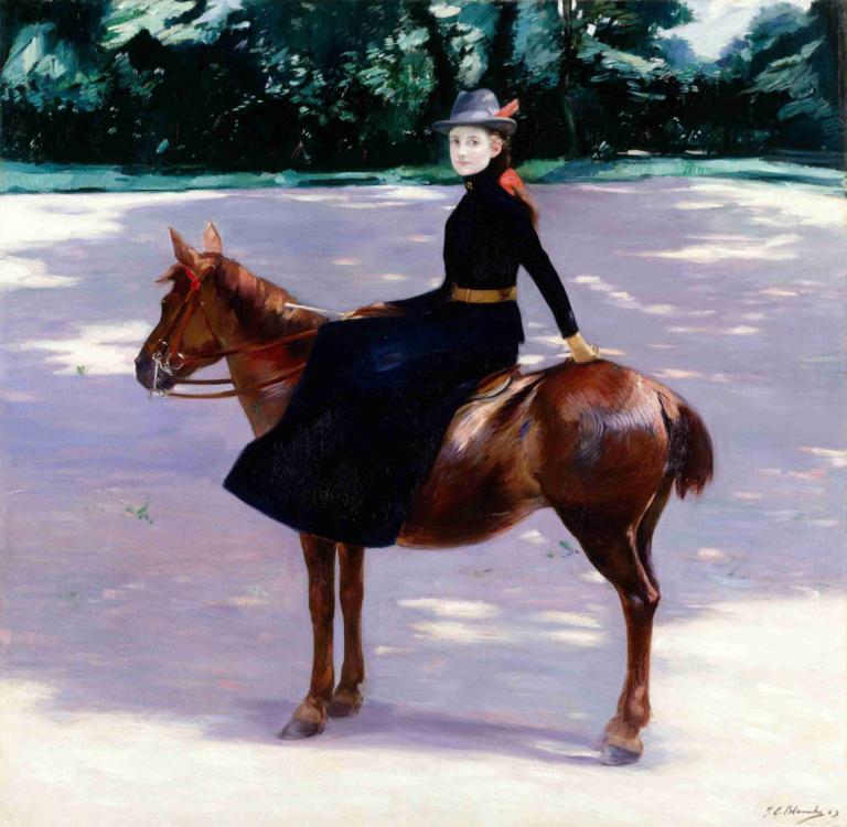 Mademoiselle Meuriot sur son poney,骑着小马的穆里奥小姐,Jacques-Émile Blanche,雅克-埃米尔-布朗什,油画,油画, 1个女孩, 帽子, 马, 动物, 骑术, 独奏