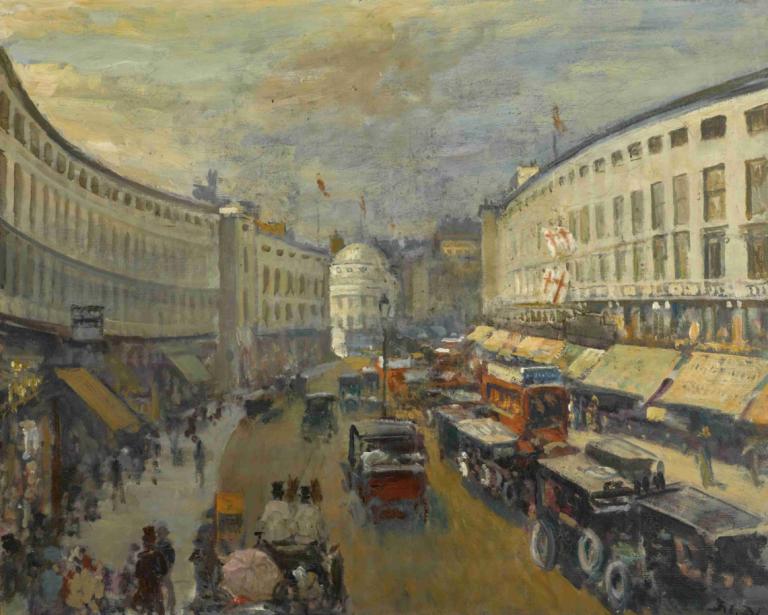 Regent Street, London,Regent Street, Londen,Jacques-Émile Blanche,Olieverf,Olieverf, grond voertuig