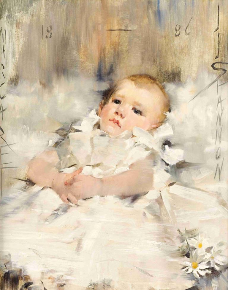 Baby in a Ruffled Dress,James Jebusa Shannon,Oil Painting,Oil Painting, solo, flower, fine art parody, dress