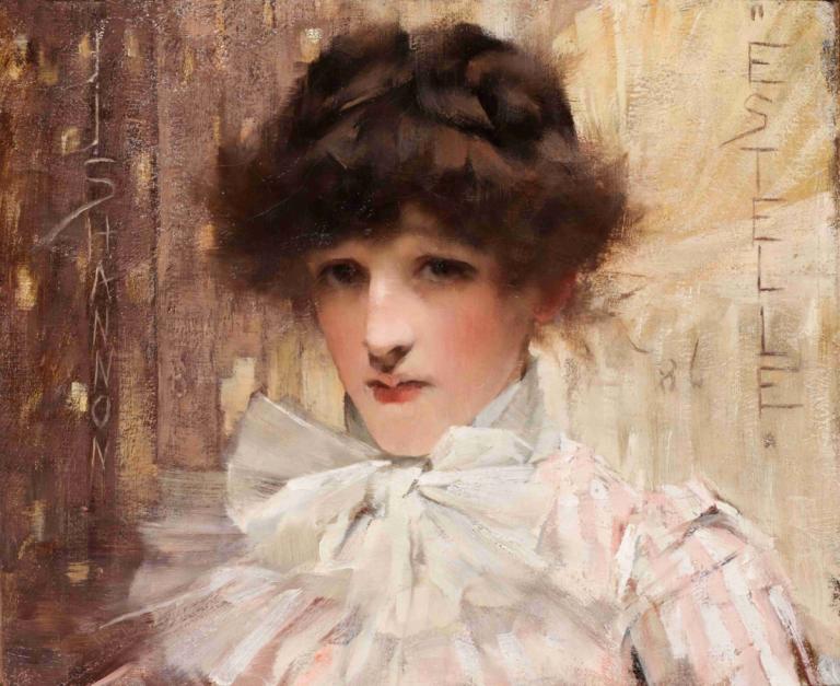 Estelle,James Jebusa Shannon,Pintura al óleo,Pintura al óleo, 1 chica, solo, Pelo castaño, realista