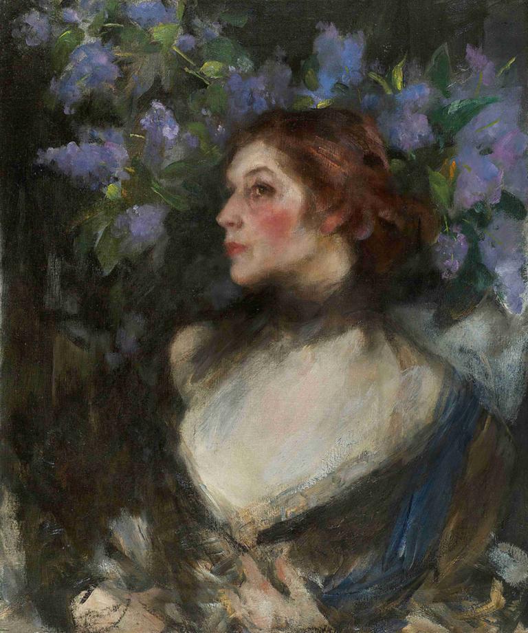 Florence Shannon,James Jebusa Shannon,Oil Painting,Oil Painting, 1girl, solo, flower, brown hair, profile