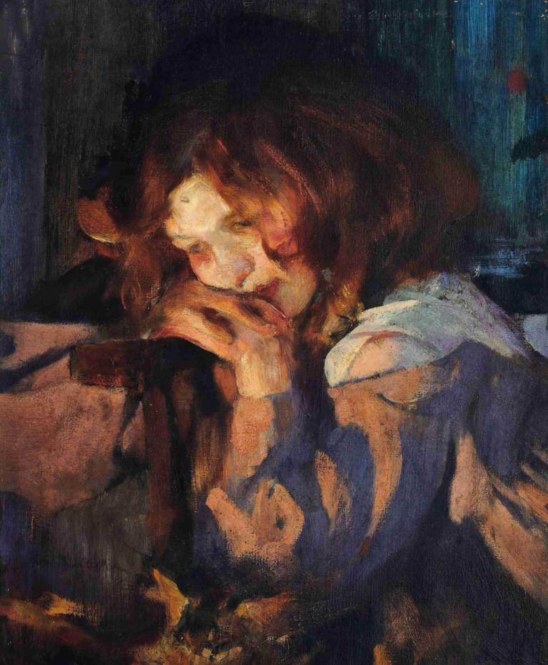 Kitty by firelight,James Jebusa Shannon,Oil Painting,Oil Painting, brown hair, 1girl, solo, traditional media