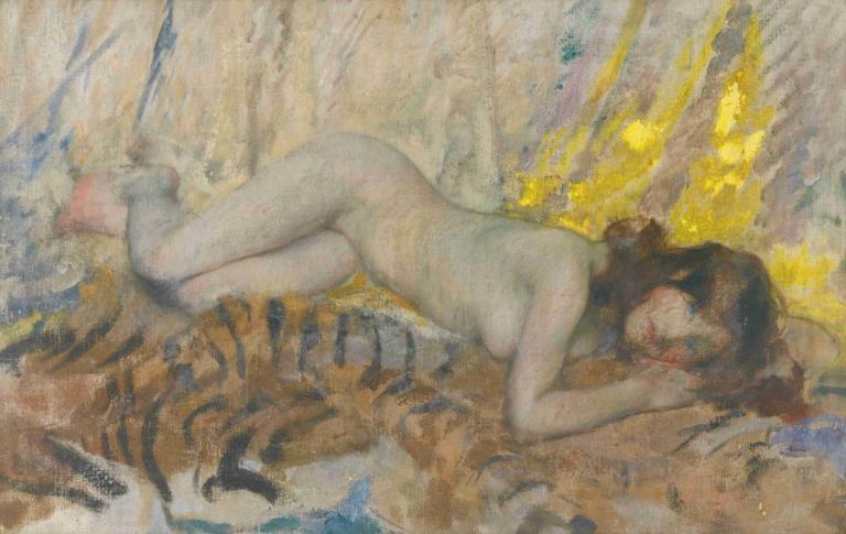 Nude On A Tiger Skin,虎の皮の上のヌード,James Jebusa Shannon,ジェームス・ジェブサ・シャノン,油絵,油絵, 1女の子, ソロ, ヌード, 虎, 絵画（中）, 嘘つき, 胸