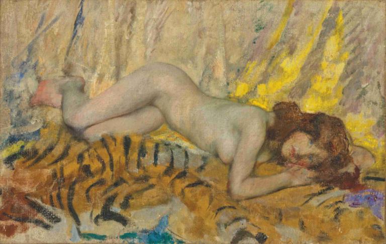 Nude on a tiger skin,Naken på tigerskinn,James Jebusa Shannon,Oljemålning,Oljemålning, 1 tjej, tiger, solo