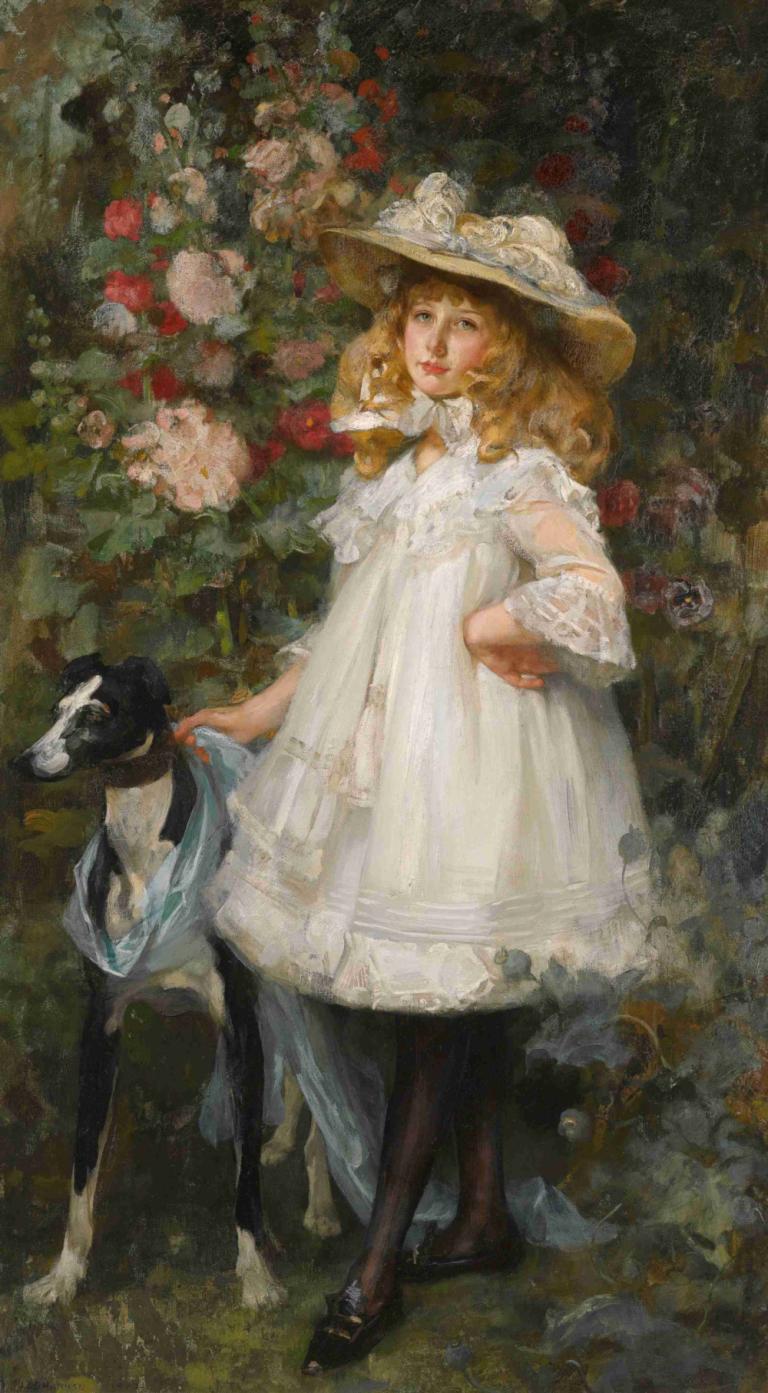 Portrait Of A Girl,少女の肖像,James Jebusa Shannon,ジェームス・ジェブサ・シャノン,油絵,油絵, 1女の子, 帽子, ドレス, 白いドレス, 花, ブロンドの髪, パンスト