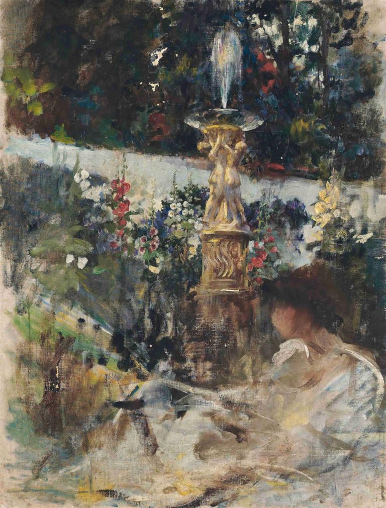 Reading by the fountain,Läsa vid fontänen,James Jebusa Shannon,Oljemålning,Oljemålning, 1 tjej, solo, hatt