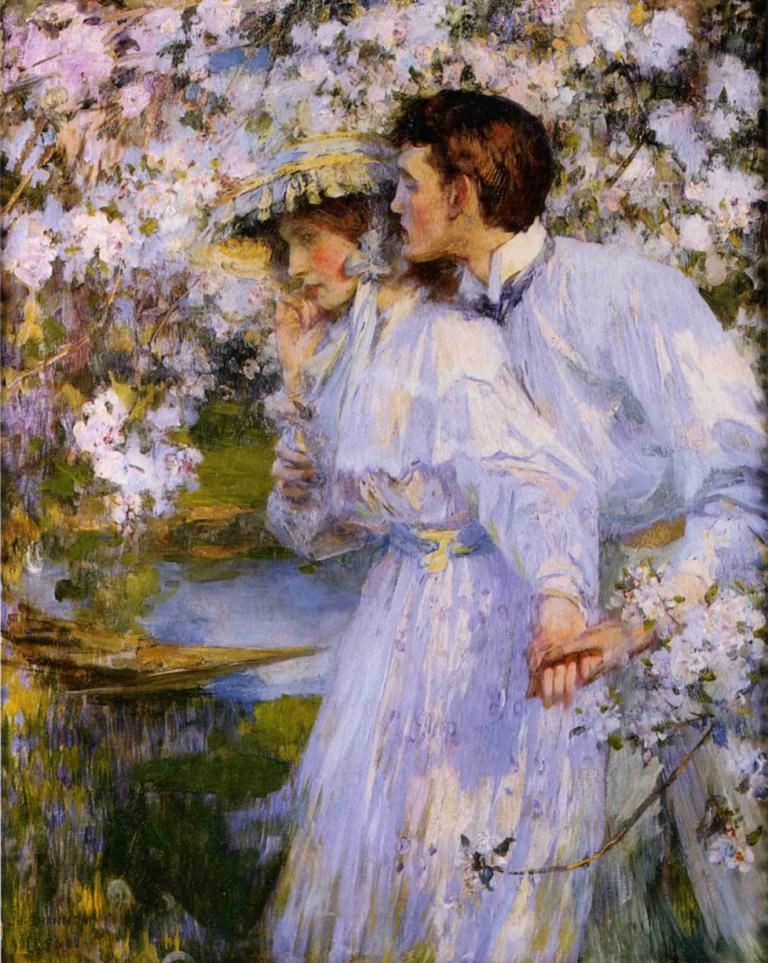 Springtime,Vår,James Jebusa Shannon,Oljemålning,Oljemålning, 1 tjej, 1 pojke, klänning, blomma, hatt