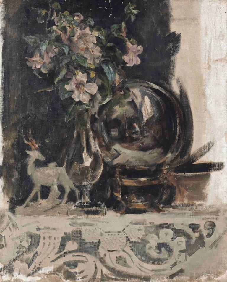 Still life of flowers, a statue and a globe on a mantelpiece,Stilleben med blommor