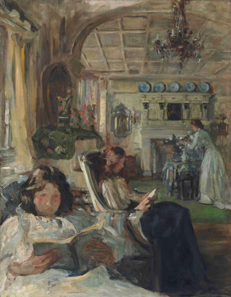 The Drawing Room,客廳,James Jebusa Shannon,詹姆斯·傑布薩·香農,油畫,油畫, 書, 在室內, 多個女孩, 閱讀, 裙子, 坐著, 椅子, 窗戶, 拿著書, 保持, 白色禮服