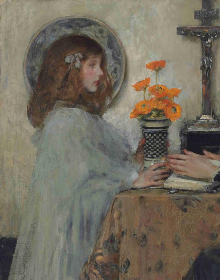 The Offering,Erbjudandet,James Jebusa Shannon,Oljemålning,Oljemålning, 1 tjej, blomma, brunt hår, konstparodi