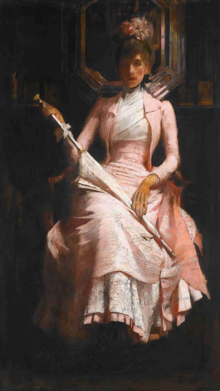 The Pink Silk Dress,Den rosa sidenklänningen,James Jebusa Shannon,Oljemålning,Oljemålning, 1 tjej, solo