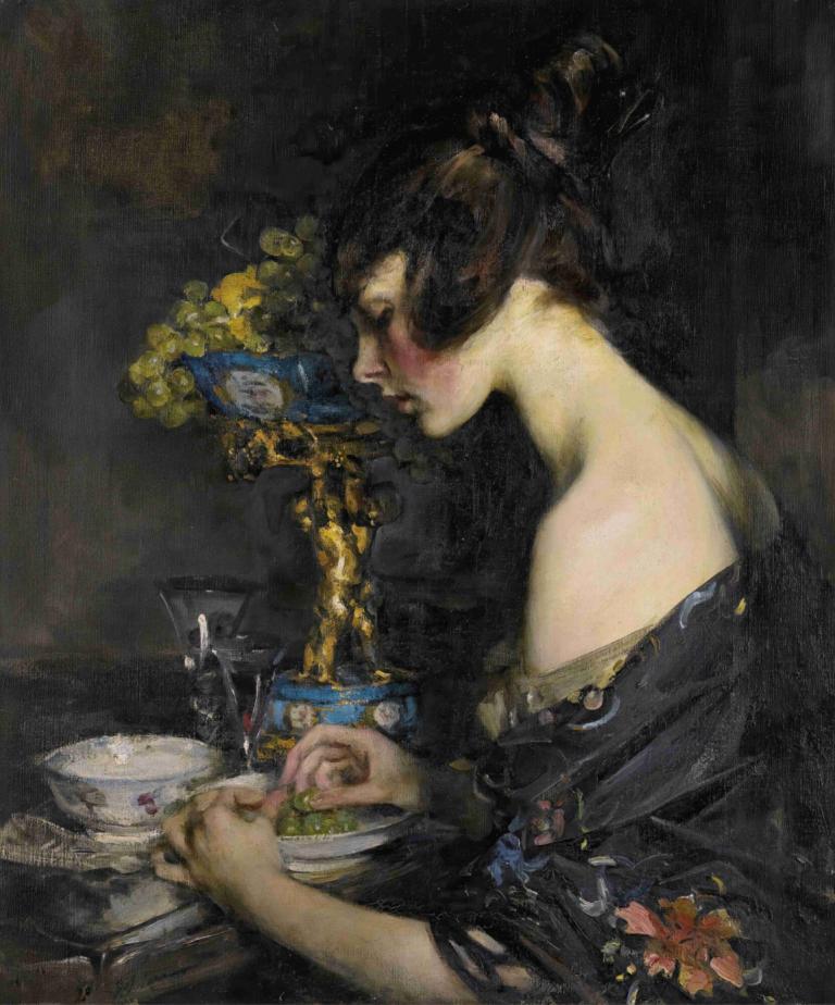 The Sevres Vase,Sevres-vasen,James Jebusa Shannon,Oljemålning,Oljemålning, 1 tjej, konstparodi, solo, skål