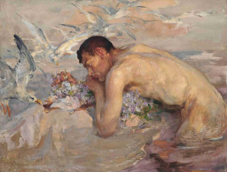 The merman and the maid,Sjömannen och jungfrun,James Jebusa Shannon,Oljemålning,Oljemålning, 1 pojke, blomma