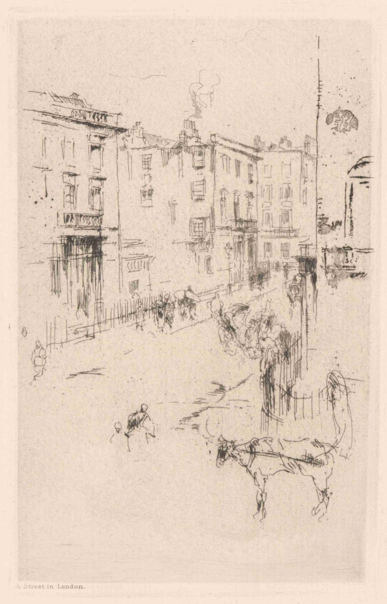 A Street in London,James McNeill Whistler,Copperplate Etching,Copperplate Etching, monochrome, building, city