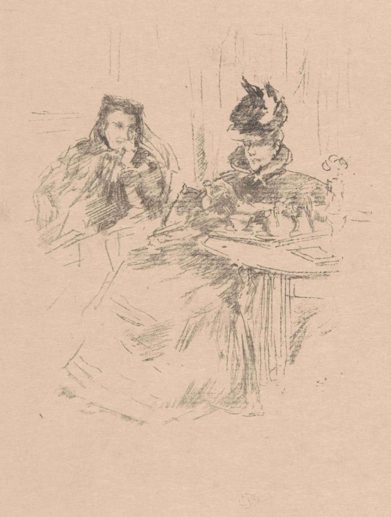 Afternoon Tea,James McNeill Whistler,Sketch,Sketch, monochrome, long hair, table, hat, 1girl