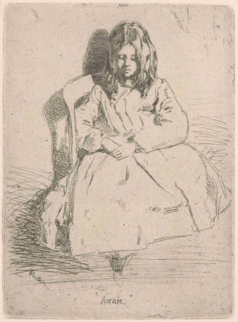 Annie Seated,Annie Sedící,James McNeill Whistler,Mědirytinový lept,Mědirytinový lept, černobílý, 1 dívka